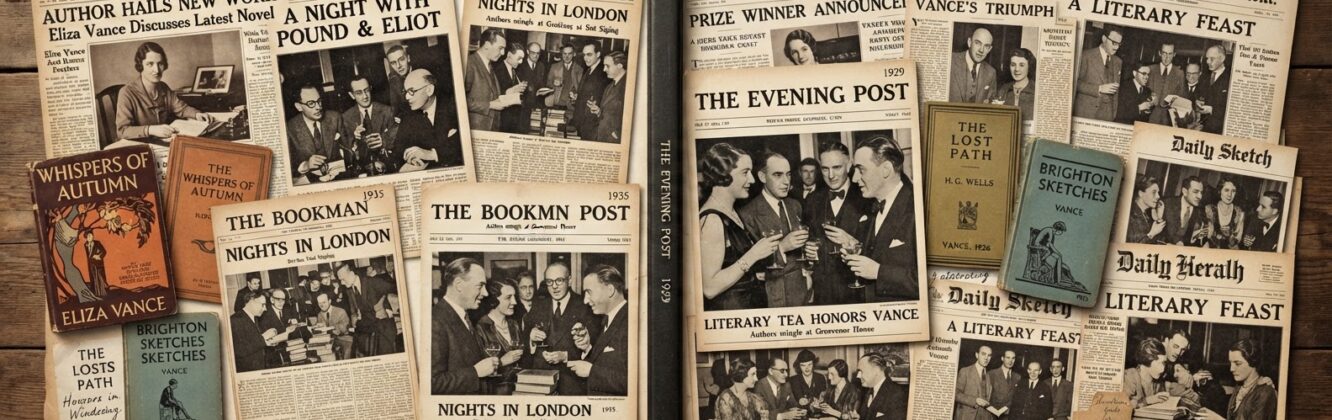 Vintage newspapers and books spread across a table, their headlines announcing literary events.