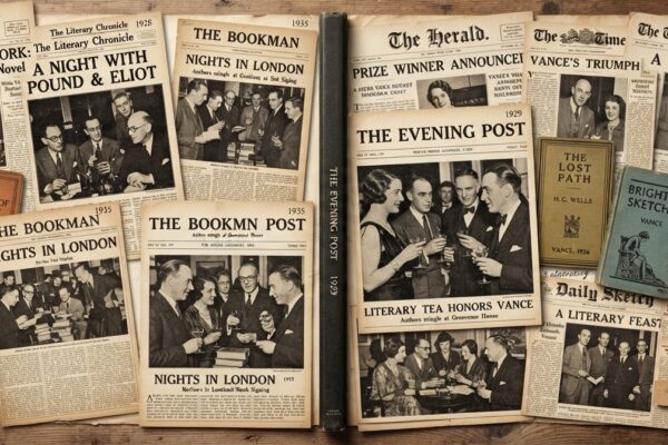 Vintage newspapers and books spread across a table, their headlines announcing literary events.